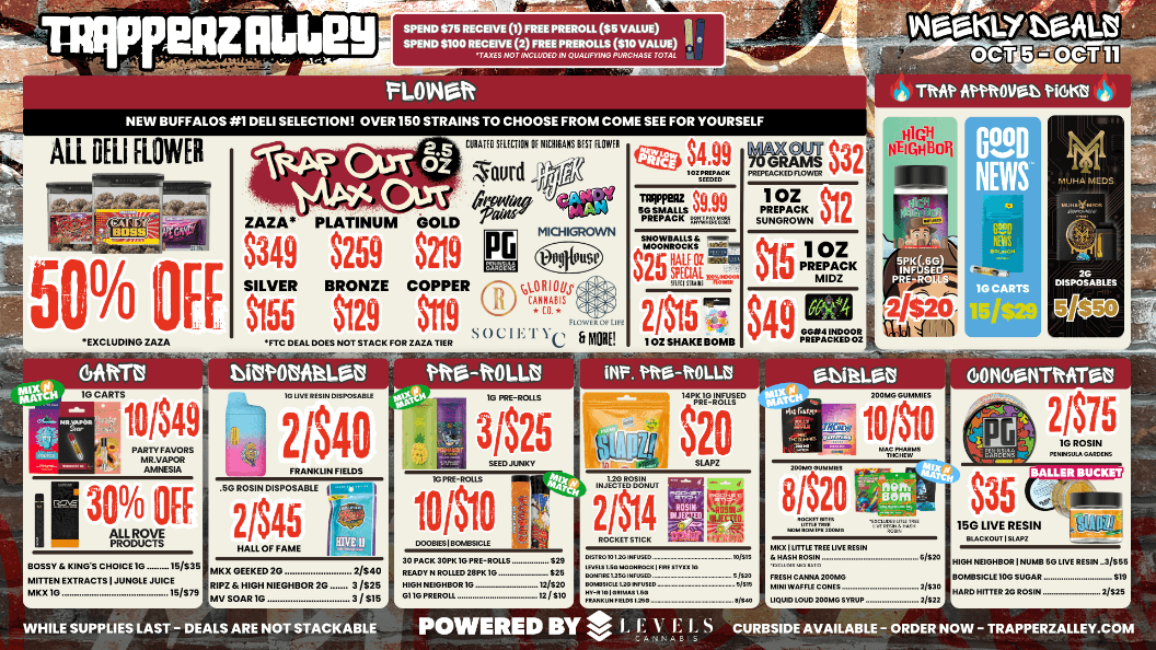 Cannabis Deals in New Buffalo, MI | Trapperz Alley Weekly cannabis deals and specials at Trapperz Alley in New Buffalo, Michigan